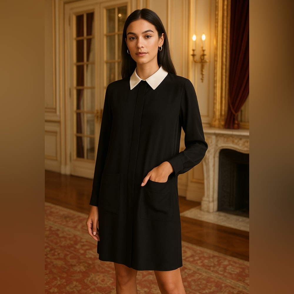 Modello Giulietta Silk Black Dress with White Collar Made in Italy Size 12